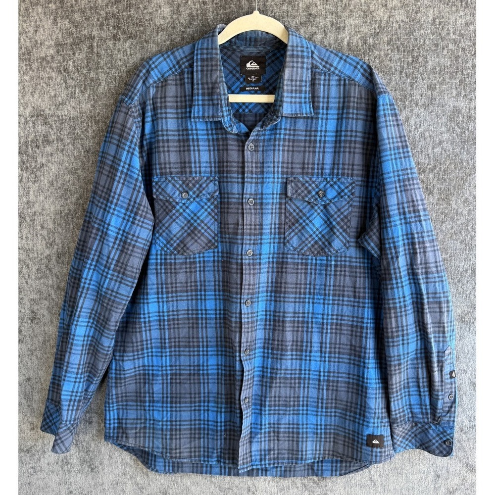 Quiksilver Mens XL Blue Black Plaid Long Sleeve Button Up Flannel Shirt Regular